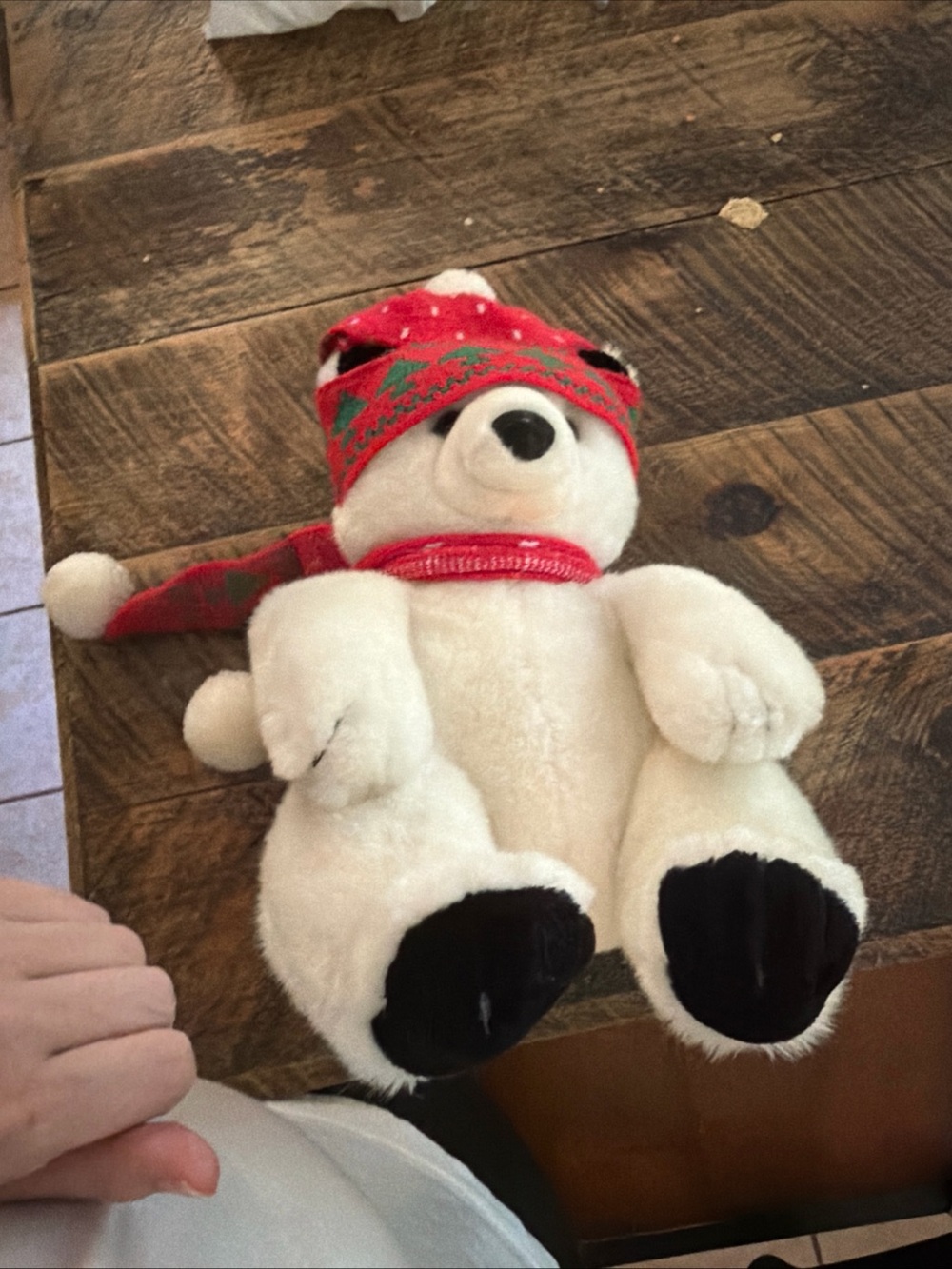 White Polar Bear Plush with Red Holiday Hat and Scarf